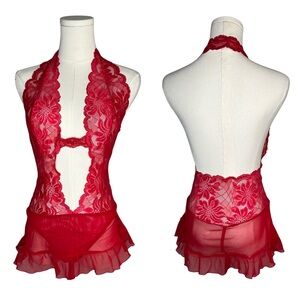 Vintage Frederick’s of Hollywood Red Floral Lace Halter Babydoll Teddy Lingerie